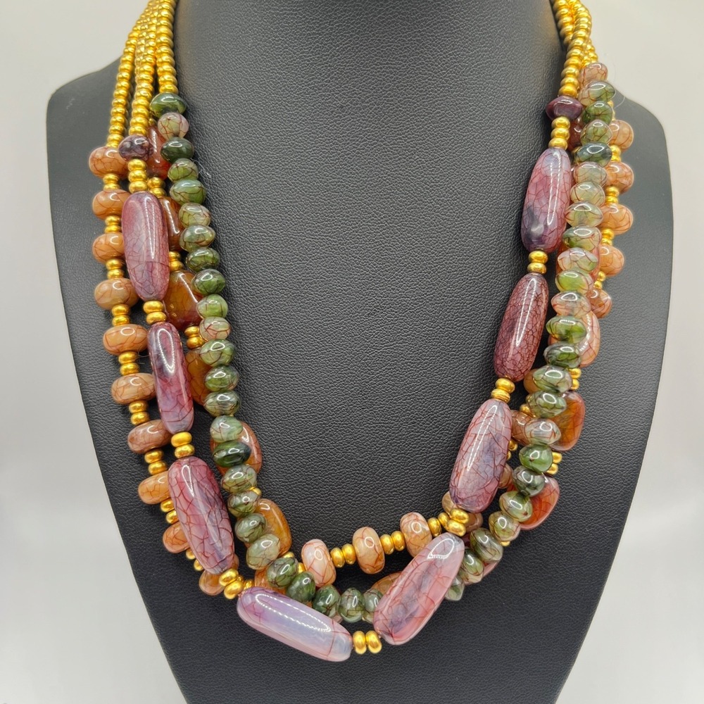 LC Liz Claiborne Faux Stone Lucite‎ Beaded Choker Necklace Multi Strand 16"